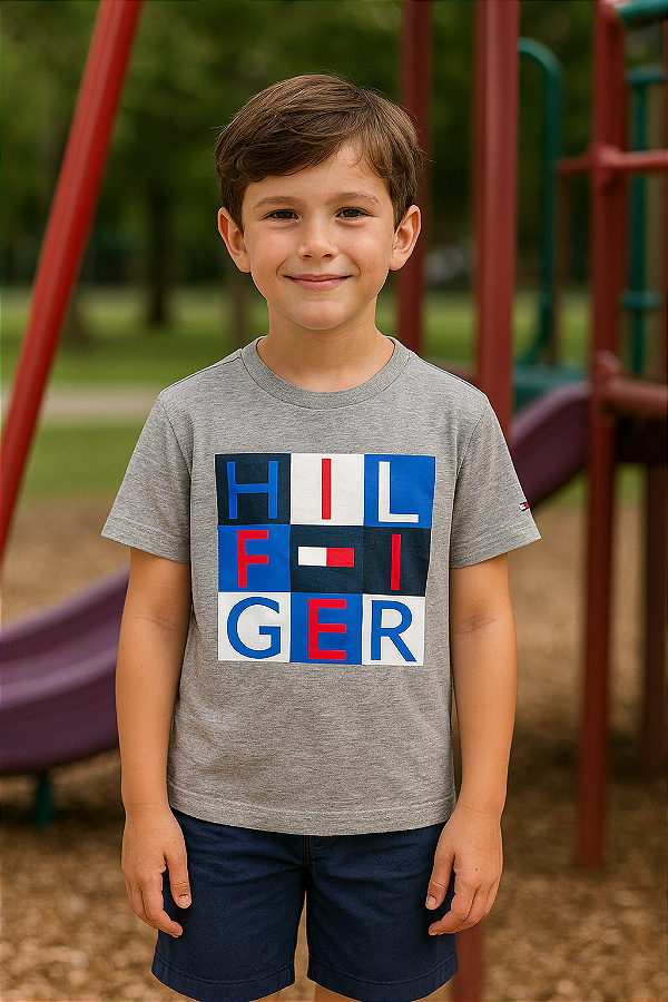 Camiseta Tommy, gola redonda, básica - Cinza/ Logo quadrado