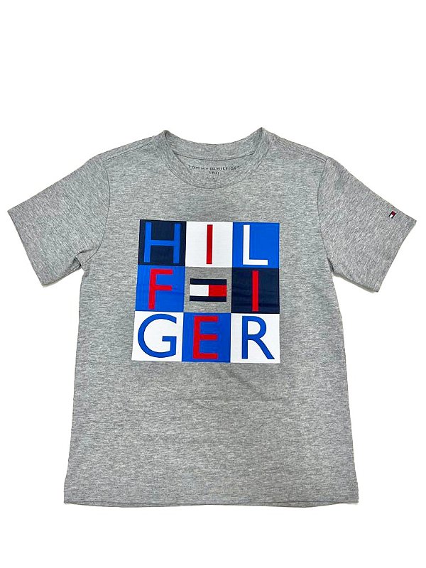 Camiseta Tommy, gola redonda, básica - Cinza/ Logo quadrado