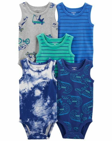 Kit de bodies Carter's - 5 bodies regata - Azul/ Animais