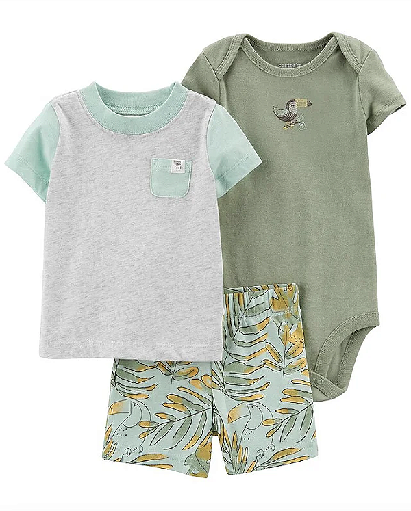 Conjunto Carter's - Camisa, body e short - Tucano/ Folhagem