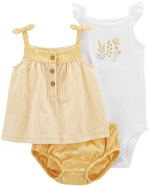 Conjunto Carter’s 3 Peças – Body + Blusa + Short com Elástico nas Pernas - Branco/ Amarelo