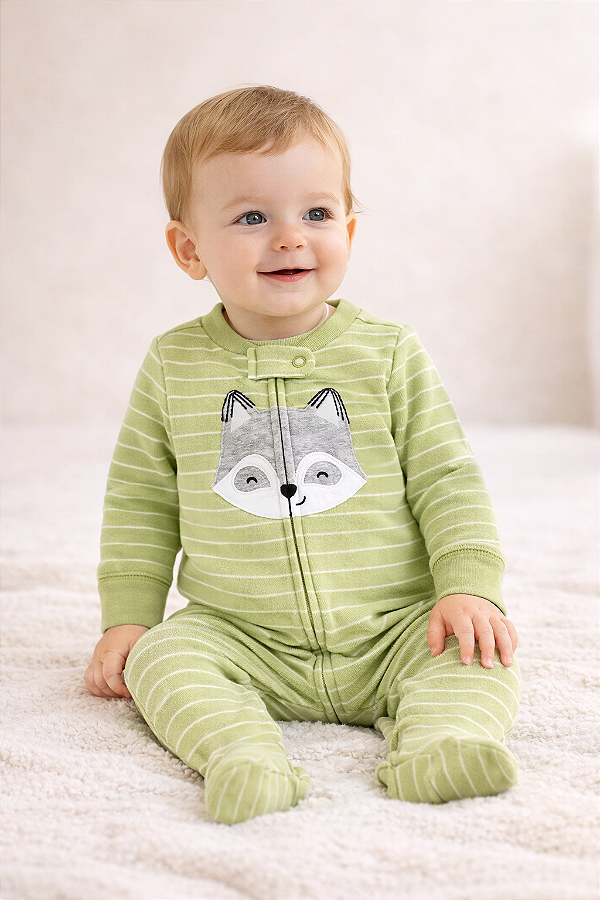 Pijama Carter’s Macacão de Algodão com Zíper e Pezinhos – Verde/ Raposa