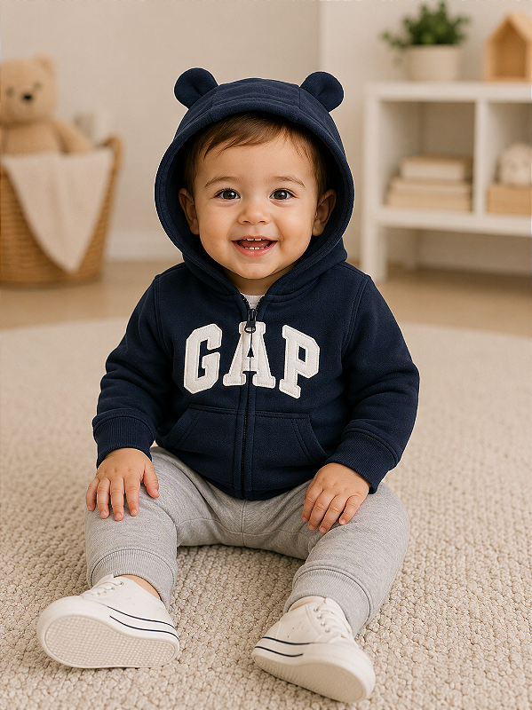 Casaco de Moletom Infantil GAP com Capuz de Orelhinhas, Zíper e Bolso Canguru - Azul Marinho