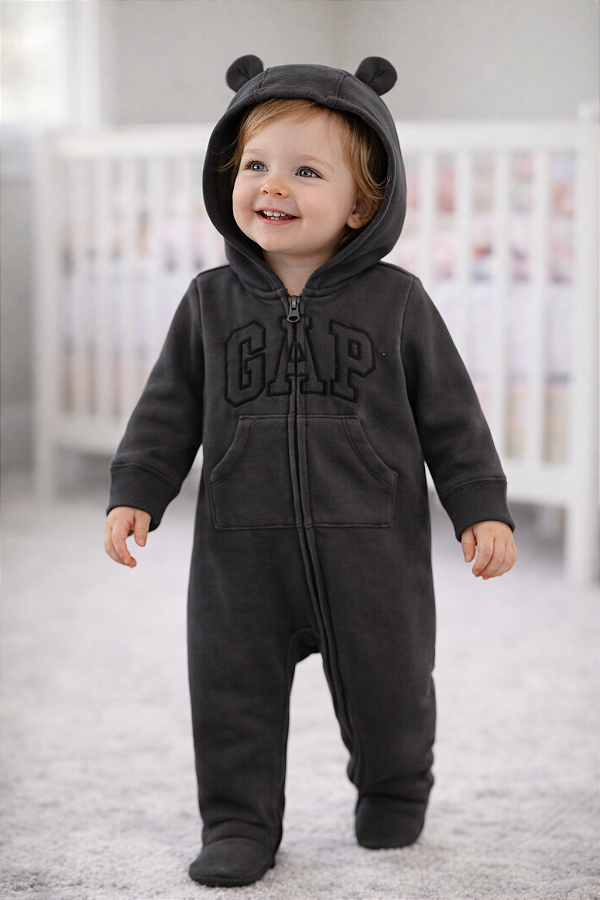 Macacão de inverno GAP Flanelado, com capuz e orelhas de ursinho - Grafite