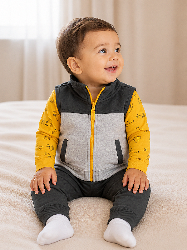Conjunto Carter's - Colete, body e calça - Amarelo/ Cinza