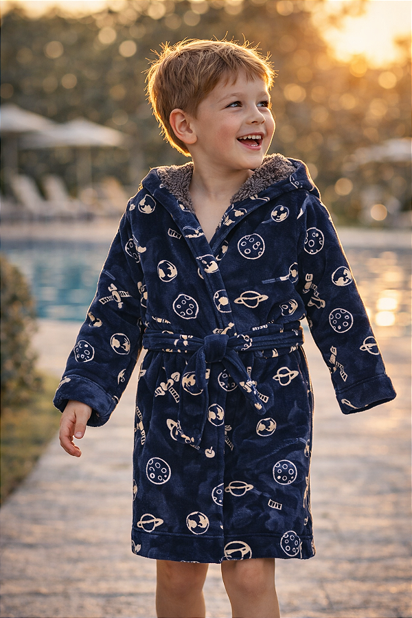 Roupão Quentinho e Macio Infantil, Com Capuz Peluciado, Pekkle - Azul Marinho