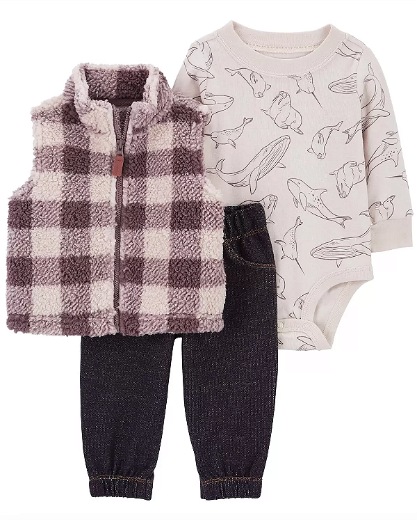 Conjunto Carter's - Colete, body e calça - Xadrez/ Bege