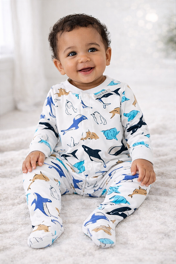Pijama/Macacão de inverno Carter's (Plush/ Fleece) - Baleias/ Branco