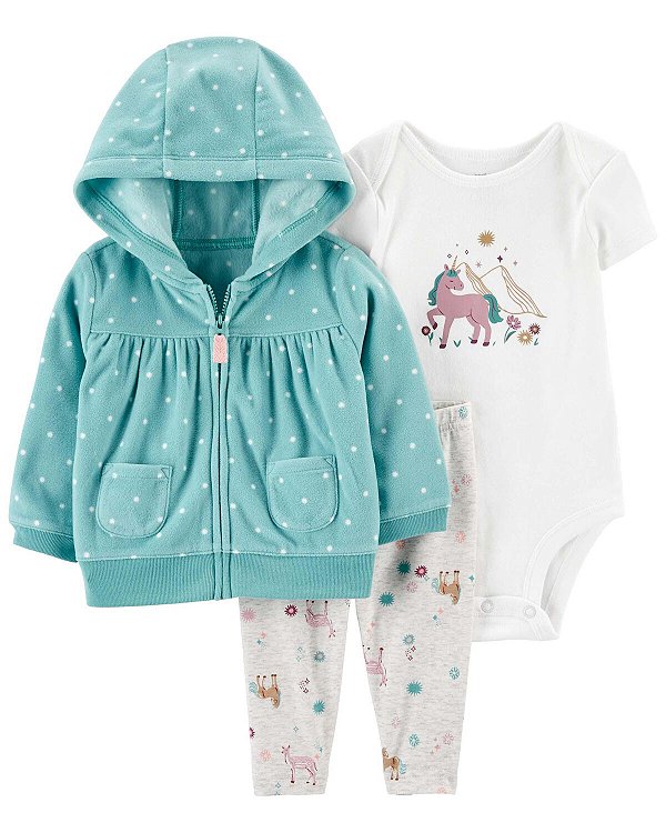 Conjunto Carter's de inverno - Agasalho, body e legging - Poá/ Unicórnio