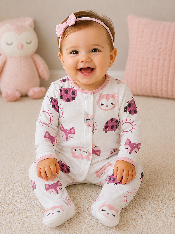 Pijama/Macacão de inverno Carter's (Plush/ Fleece) - Branco/ Rosa