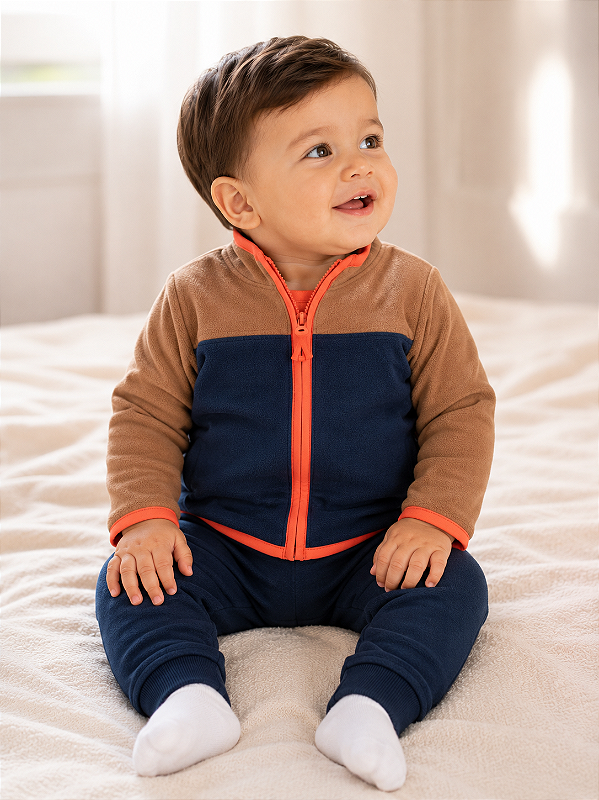 Conjunto Carter's de inverno - Agasalho, body e calça - Azul Marinho/ Laranja