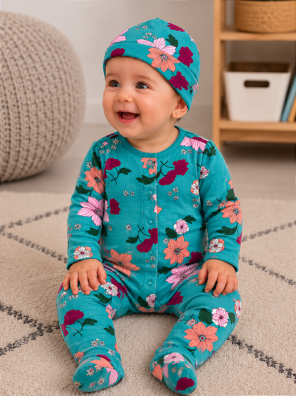 Conjunto Carter's - Macacão e touca - Floral/ Turquesa
