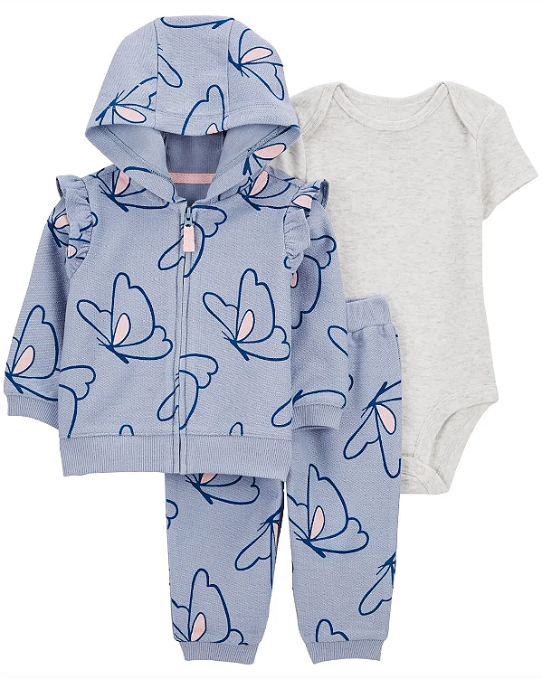 Conjunto Carter's de inverno - Agasalho, body e calça - Borboletas/ Azul