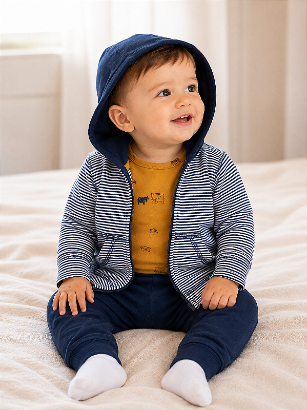 Conjunto Carter's de inverno - Agasalho, body e calça - Azul/ Amarelo