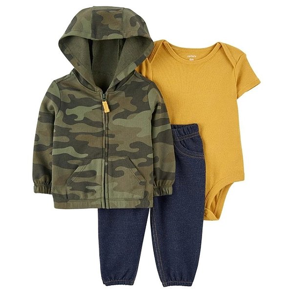 Conjunto Carter's de inverno - Agasalho, body e calça - Camuflado/ Amarelo