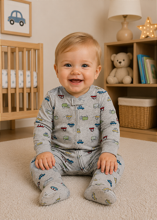 Pijama Carter’s Macacão Algodão com Zíper e Pezinhos – Transportes/ Cinza