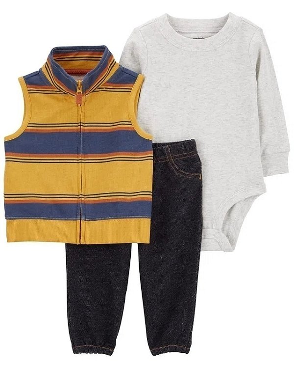 Conjunto Carter's - Colete, body e calça - Listrado/ Cinza