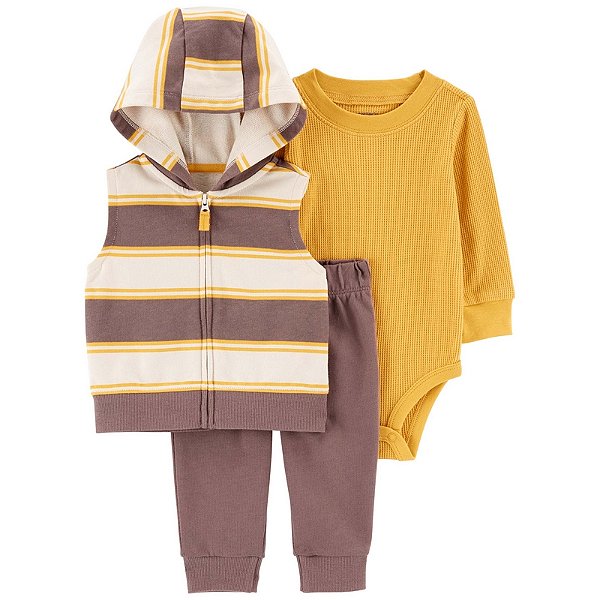 Conjunto Carter's - Colete, body e calça - Amarelo/ Marrom