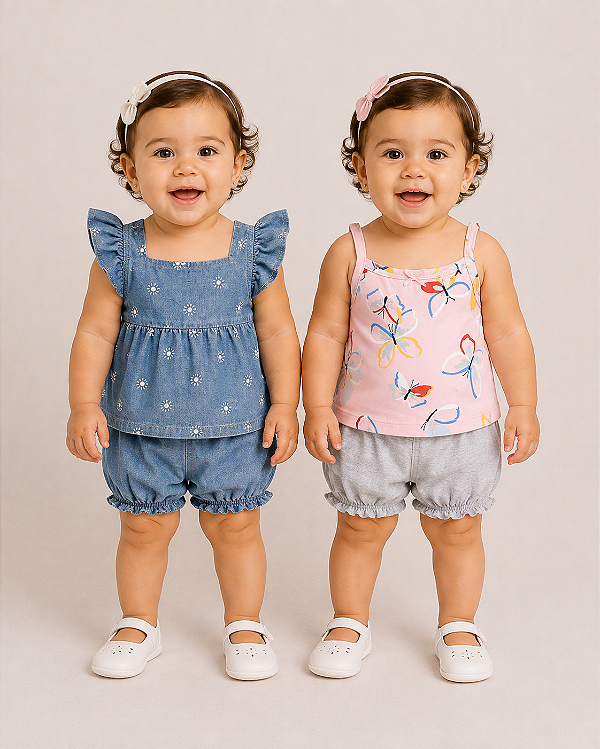 Conjunto Carter's - 1 Body, 1 camiseta e 2 shorts - Jeans/ Rosa