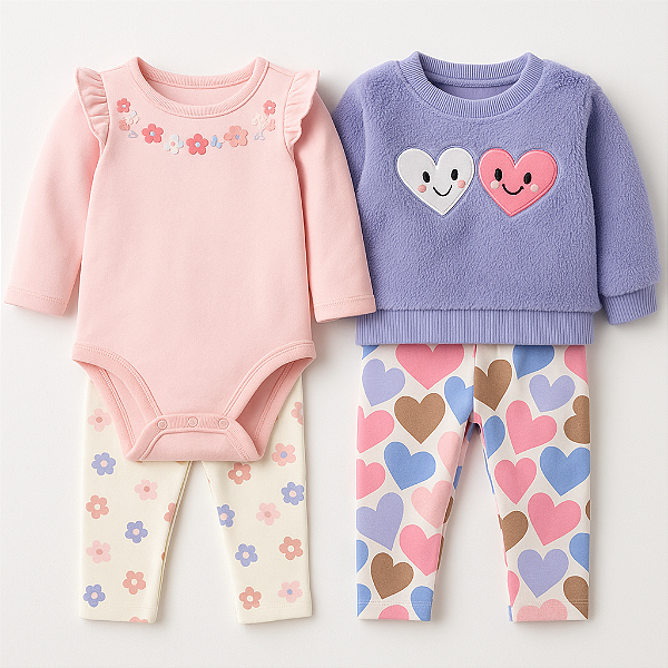 Conjunto Pekkle de inverno, 4 peças - Corações/ Lilás