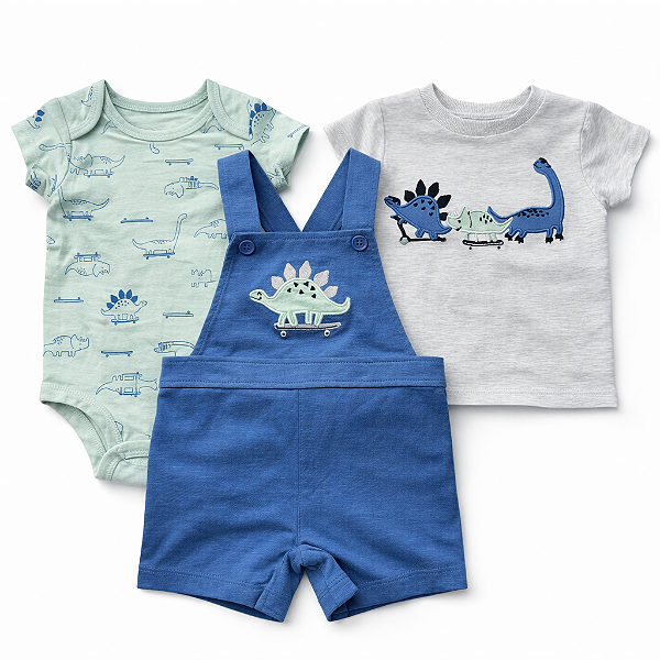 Conjunto 3 peças Pekkle - Jardineira, body e camiseta - Dinossauros