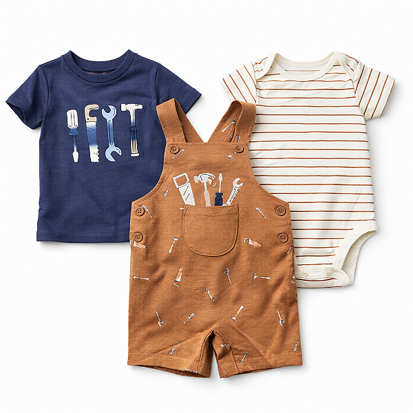 Conjunto 3 peças Pekkle - Jardineira, body e camiseta - Ferramentas