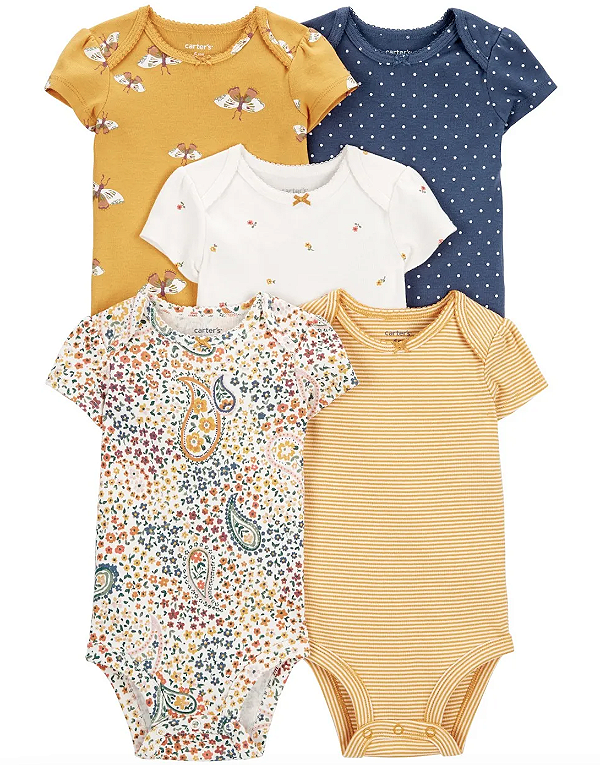 Kit de bodies Carter's - 5 bodies - Amarelo/ Azul