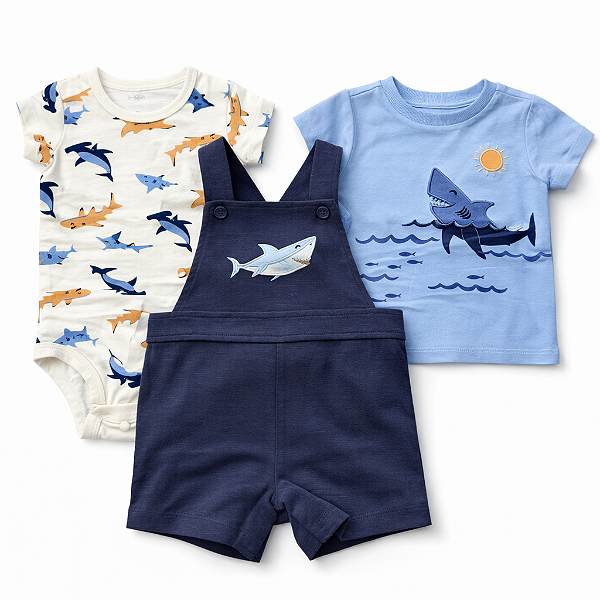 Conjunto 3 peças Pekkle - Jardineira, body e camiseta - Tubarão