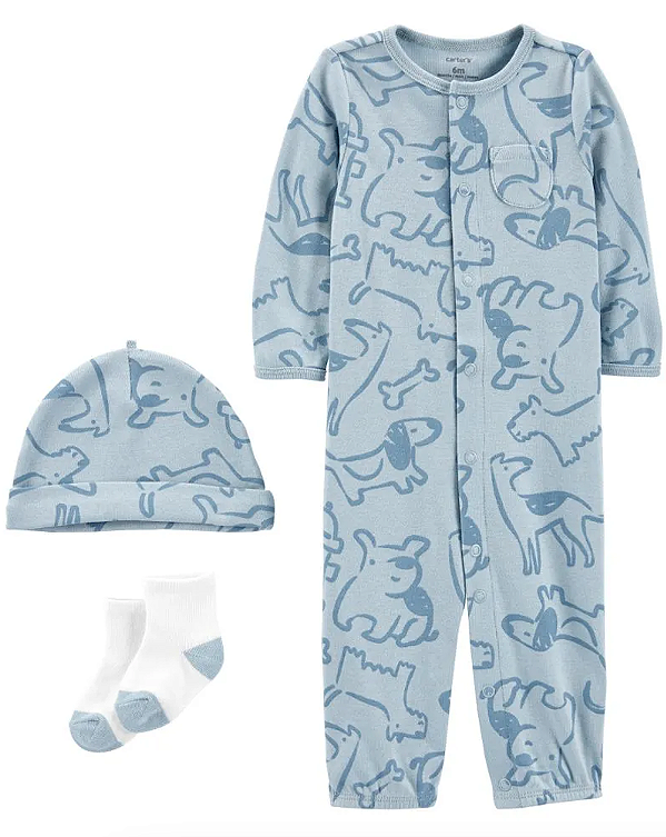 Conjunto Carter's - Pijama, touca e meias - Dogs/ Azul