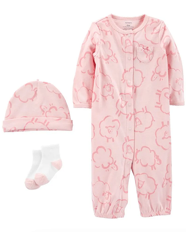 Conjunto Carter's - Pijama, touca e meias - Ovelhas/ Rosa