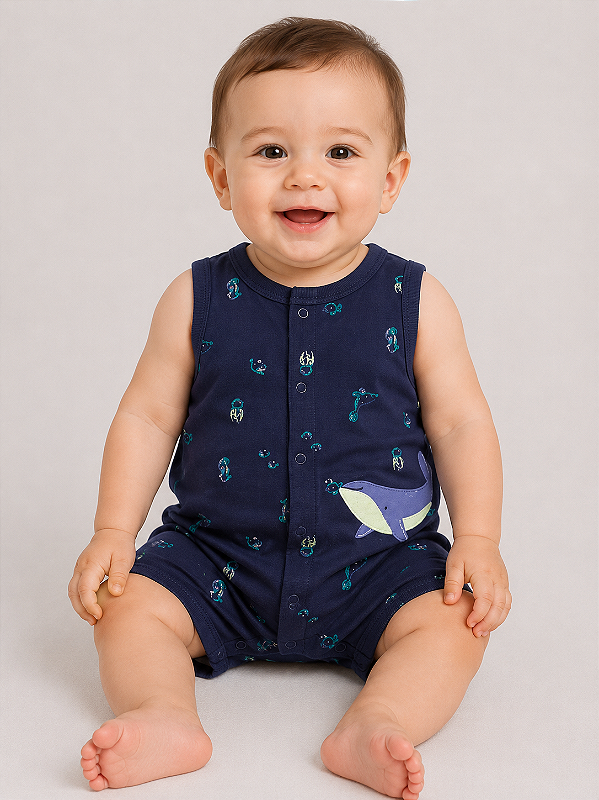 Romper / Macacão Carter’s em Algodão, com Botões – Regata/ Baleia