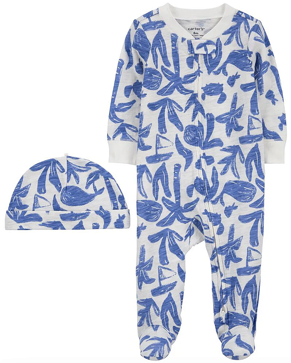Conjunto Carter's - Macacão e touca - Azul/ Cinza