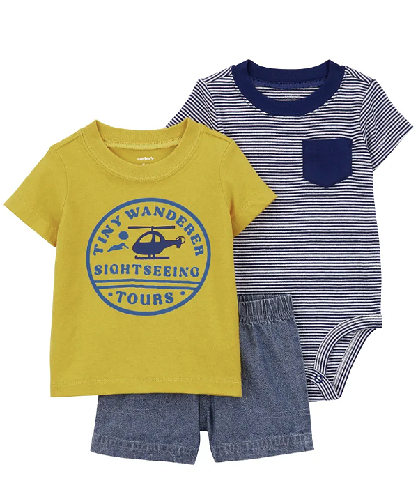 Conjunto Carter's - Camisa, body e short - Amarelo/ Azul