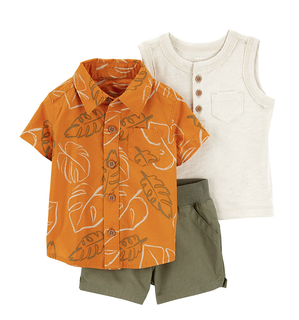 Conjunto Carter's - Camisa, body e short - Folhas