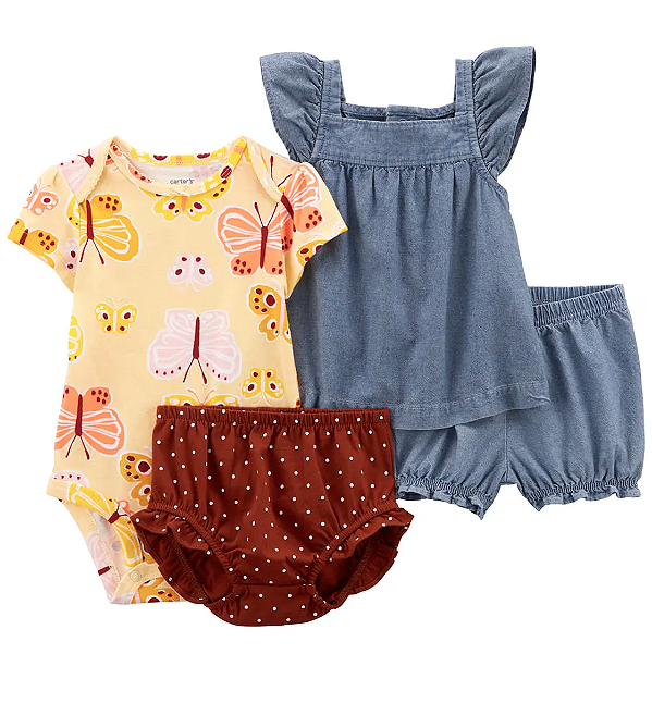 Conjunto Carter's - 1 Body, 1 bata e 2 shorts - Jeans/ Borboleta