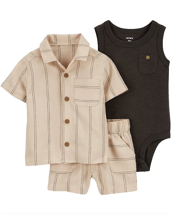 Conjunto Carter's - Camisa gola polo, body e short - Bege/ Marrom