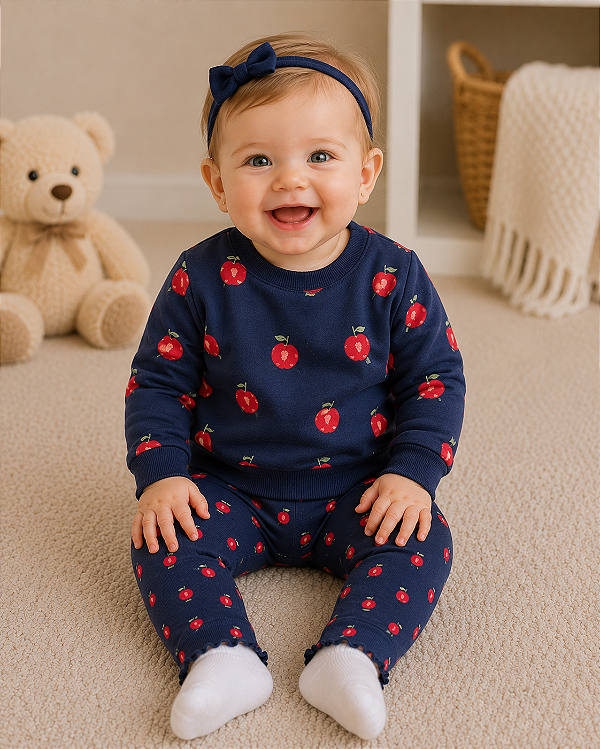 Conjunto longo de moletom infantil 2 peças maçã azul | Carter's