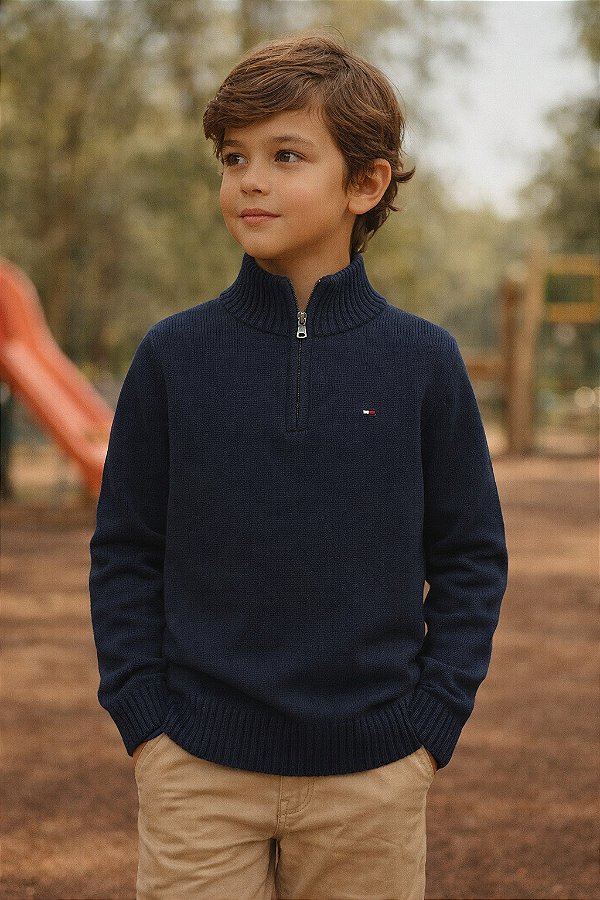 Suéter De Tricô Infantil, Tommy Hilfiger, Com Gola, Original - Azul Marinho