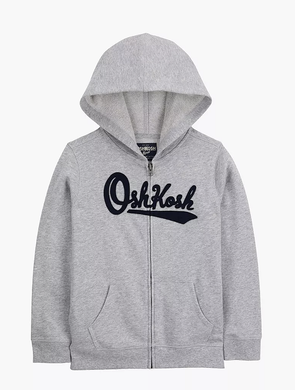 Moletom Infantil OshKosh Cinza com Capuz e Zíper – Leve e Confortável