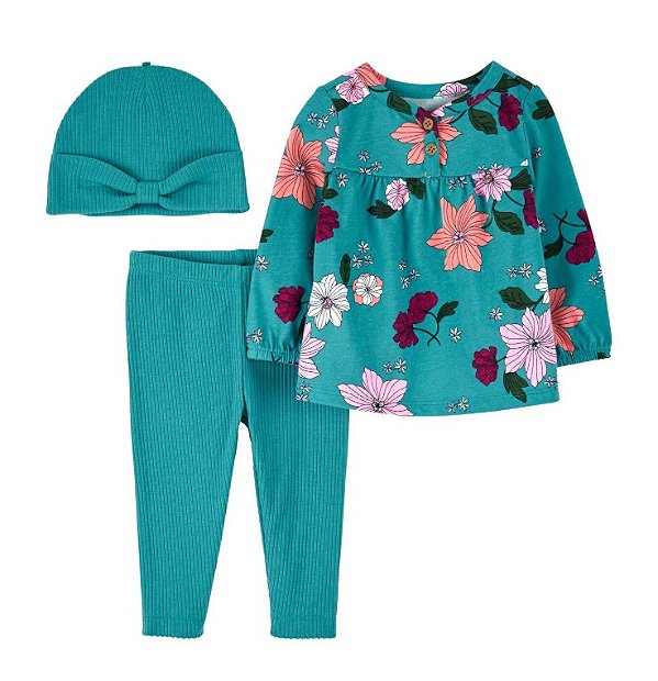 Conjunto Infantil Carter’s 3 Peças – Blusa Floral + Legging + Gorro