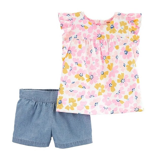 Conjunto Infantil Carter’s 2 Peças – Blusa Floral + Short Jeans Leve