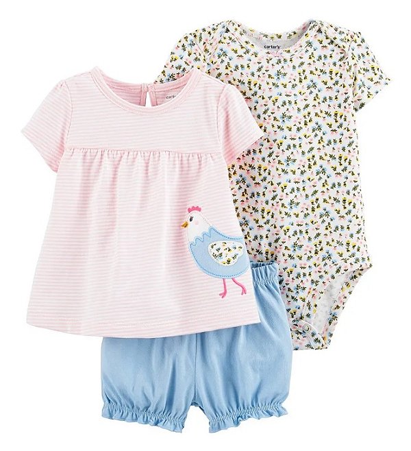 Conjunto Carter’s 3 Peças – Body + Blusa + Short com Elástico nas Pernas