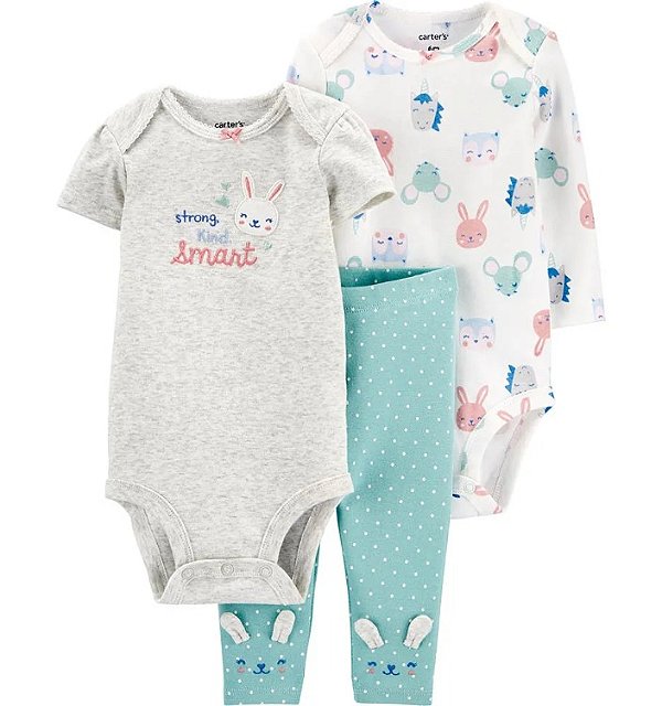 Conjunto Carter’s 3 Peças – 2 Bodies + Calça Infantil Coelhinhos