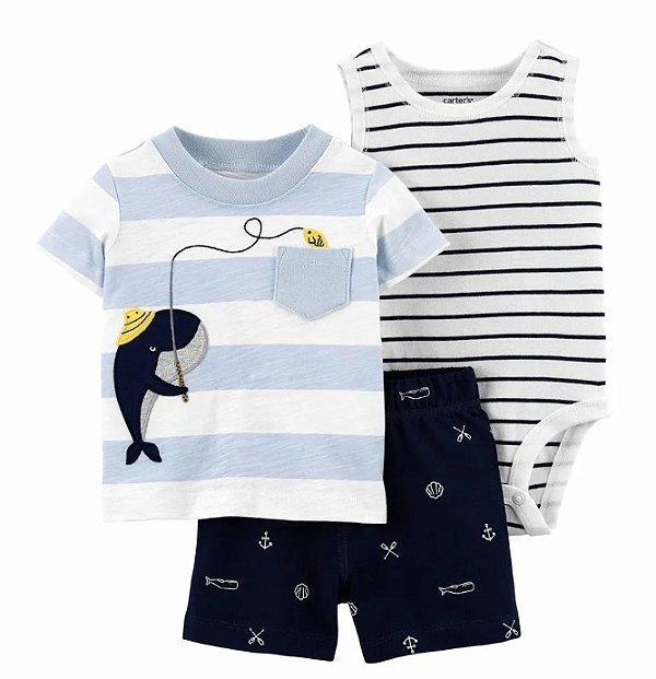 Conjunto Carter’s 3 Peças – Body Regata + Camiseta + Shorts Temático