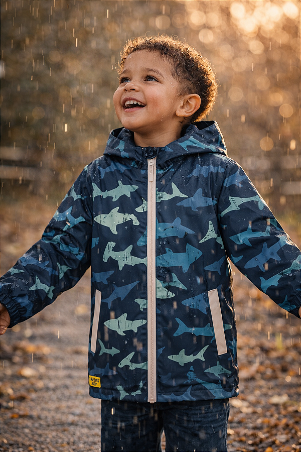 Jaqueta Infantil Impermeável Forrada Western Chief – Estampa Tubarões Azul