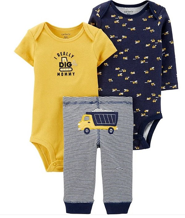 Conjunto Carter’s 3 Peças – 2 Bodies + Calça com Bordado Caminhão