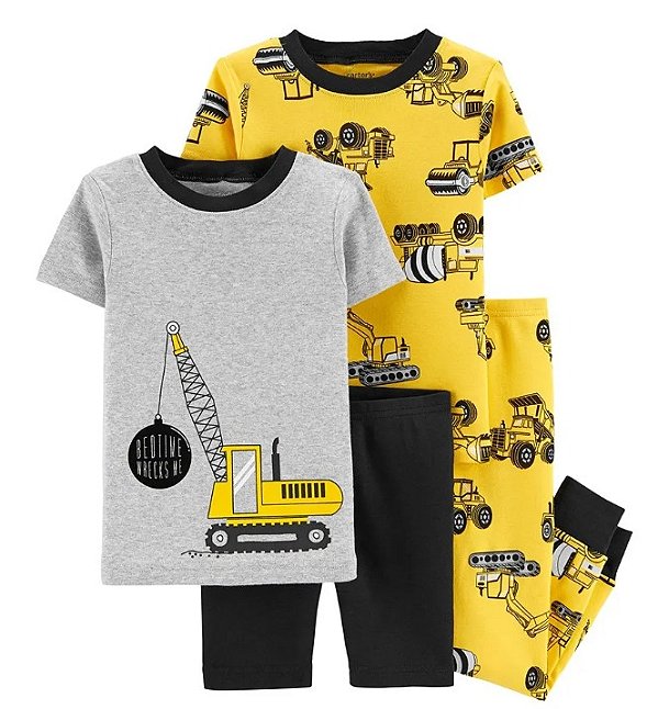 Pijama Carter’s 4 Peças Infantil – Construção Amarelo e Cinza