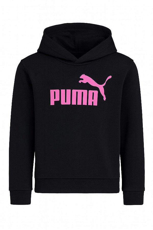 Moletom com Capuz Puma Preto Logo Rosa Infantil