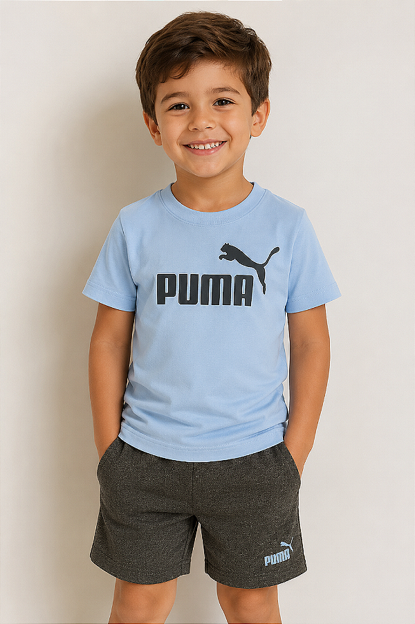 Conjunto Puma Infantil Camiseta Azul + Shorts Grafite