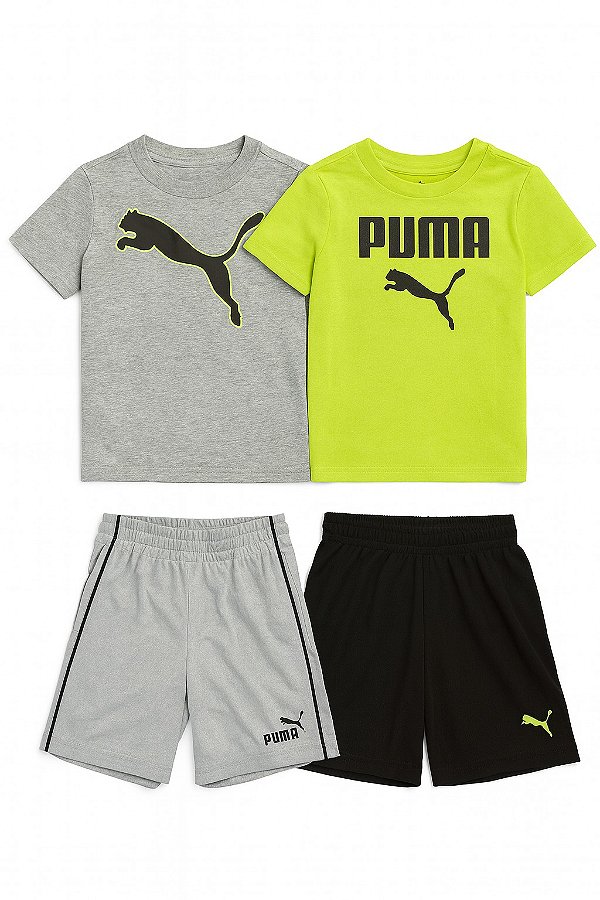 Conjunto Infantil Puma 2 Camisetas + 2 Bermudas – Cinza, Preto e Verde Neon